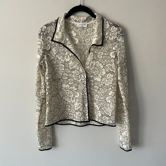 Aritzia Babaton Floral Lace Long Sleeve Casual Sheer Blouse White Black XXS - Picture 2 of 8